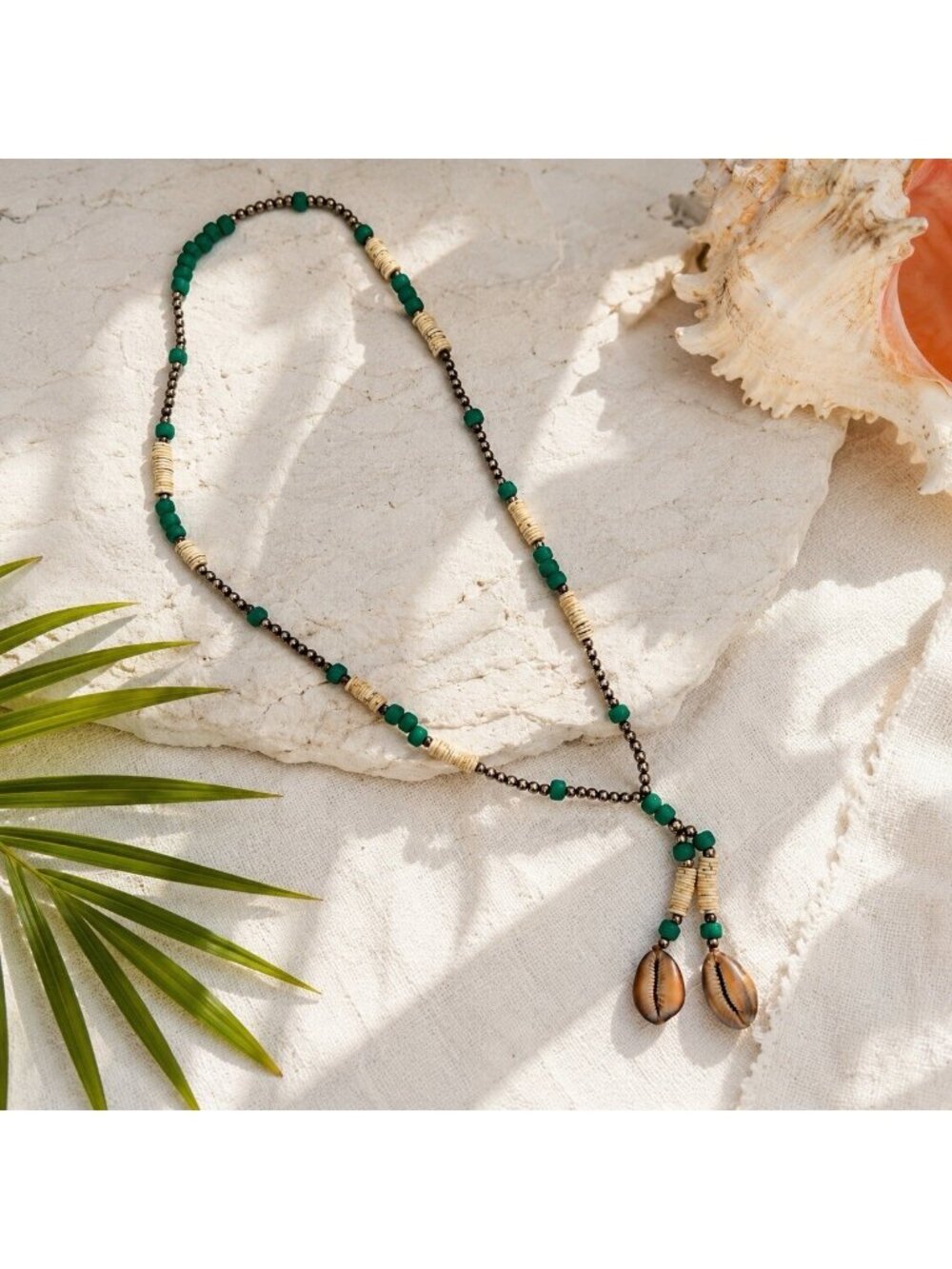 Beachy Cowrie Shell Handmade Artisan Long Necklace Boho Beaded Blue Glass
